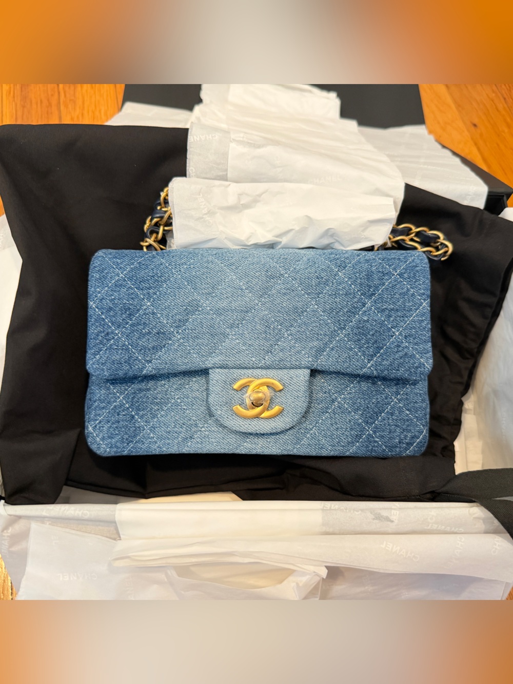 BNIB CHANEL 24S Denim mini flap with Gold Hardware
